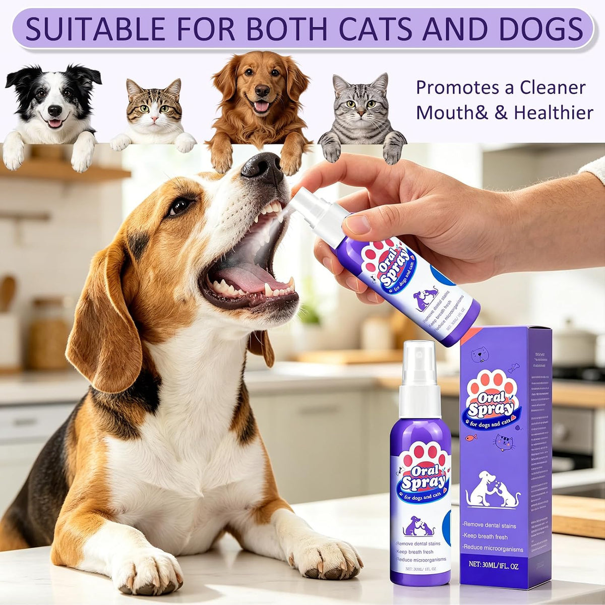 Pet Oral Spray, Teeth Cleaning Spray for Dogs and Cats, Pet Breath Freshener and Teeth Cleaning Sprays, No Brushing, 30Ml Each (2Pcs)